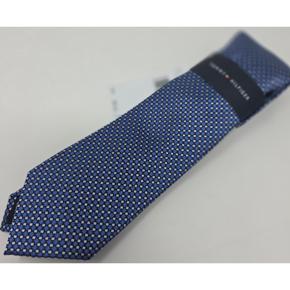 Vintage Tommy Hilfiger Tie Mens Blue Silk Blend Micro Square Jacquard Tie
